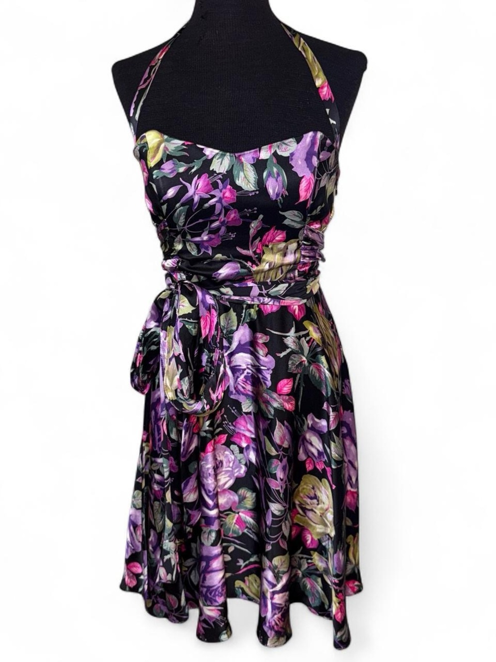 Y2K Betsey Johnson Halter 100% Silk A-line Dress Purple & Pink Floral Print SZ